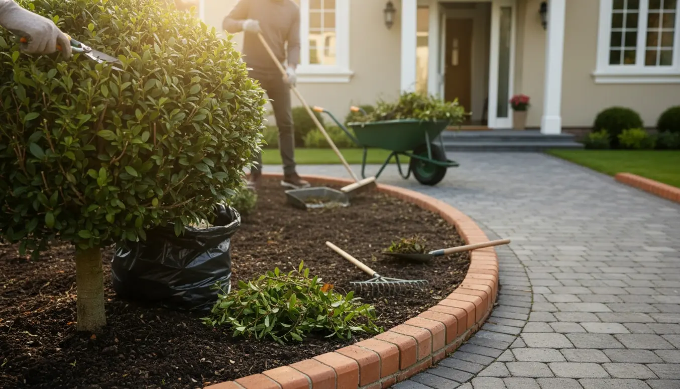 Velordnet forhave med nyklippet lille træ, ryddede bede og rene fliser.