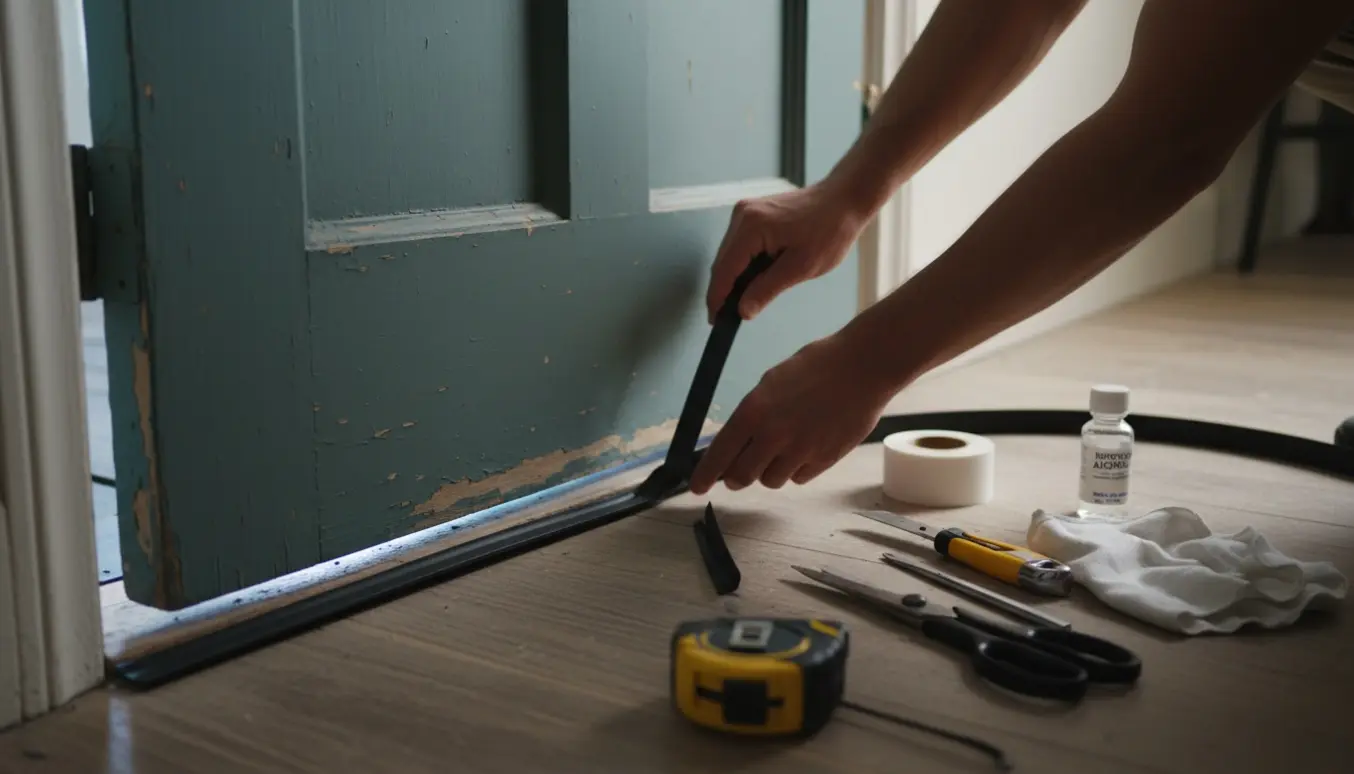 Nærbillede af hænder, der monterer tætningsliste på en gammel dør i et nyindkøbt hus.