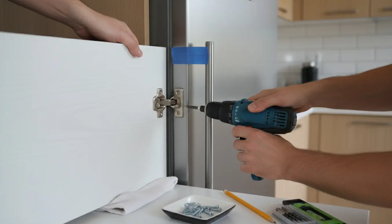 Nærbillede af hænder, der monterer en køkkenlåge på et integreret køleskab med skruetrækker og hængsler.