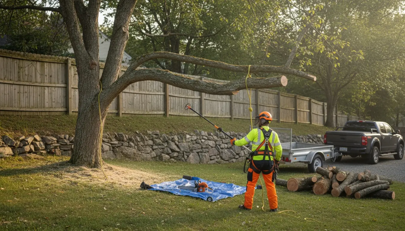 Person i sikkerhedsudstyr saver og samler store grene fra et træ på en skrænt, med afklip klar i en trailer.