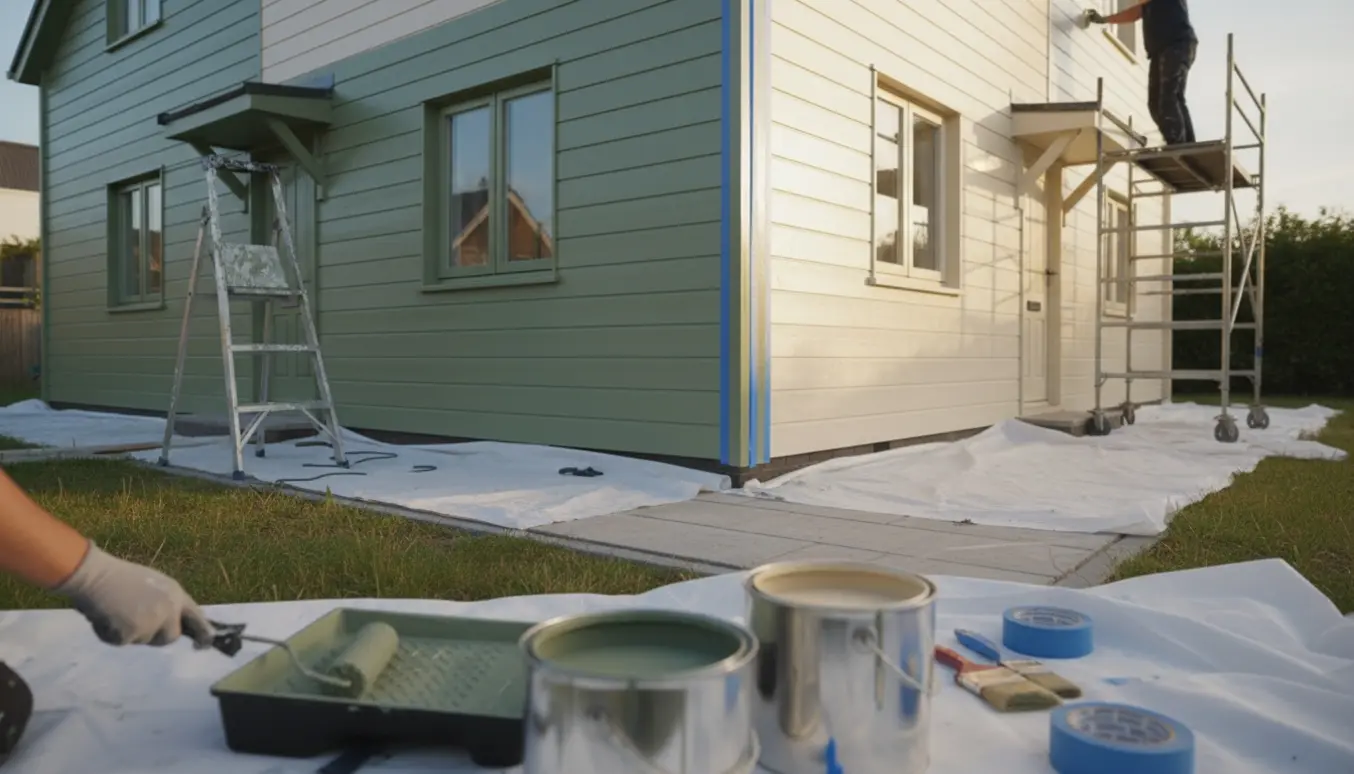 Træ-rækkehus under facademaling i to farver med malerværktøj og maler på stige.