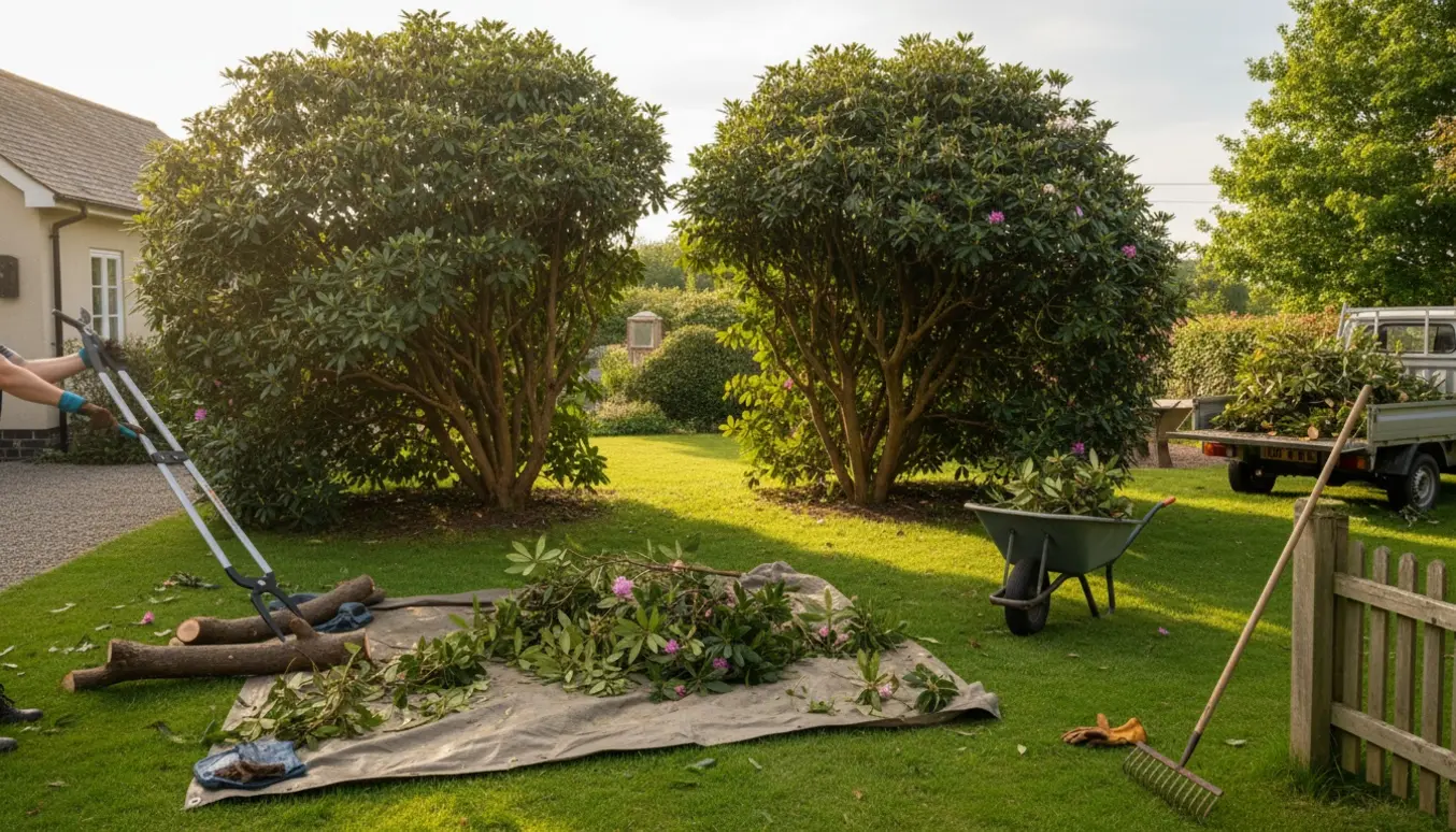Kraftig beskæring af to store rododendronbuske ved et sommerhus med værktøj og opsamlet grøntaffald.