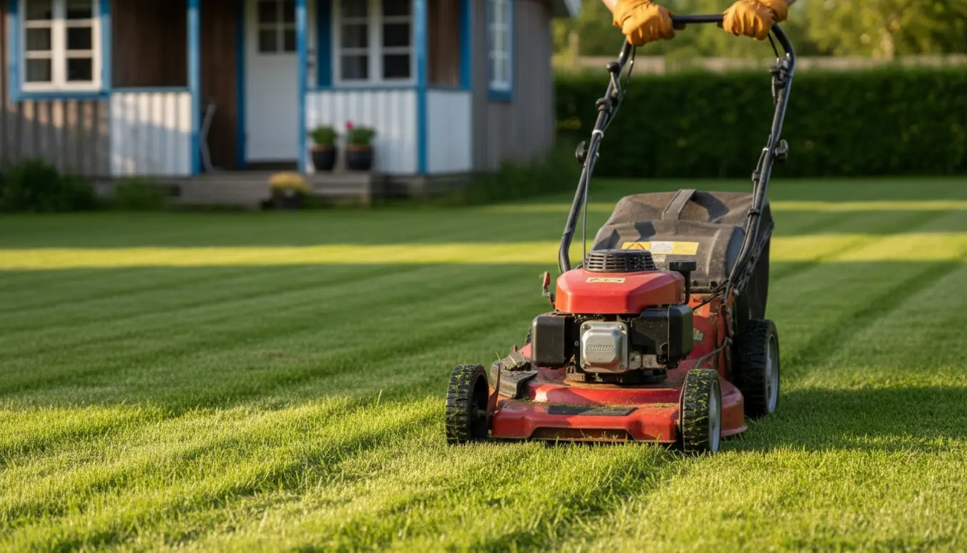 Plæneklipper slår græsset foran et sommerhus, med nyslået græs og græsafklip på plænen.