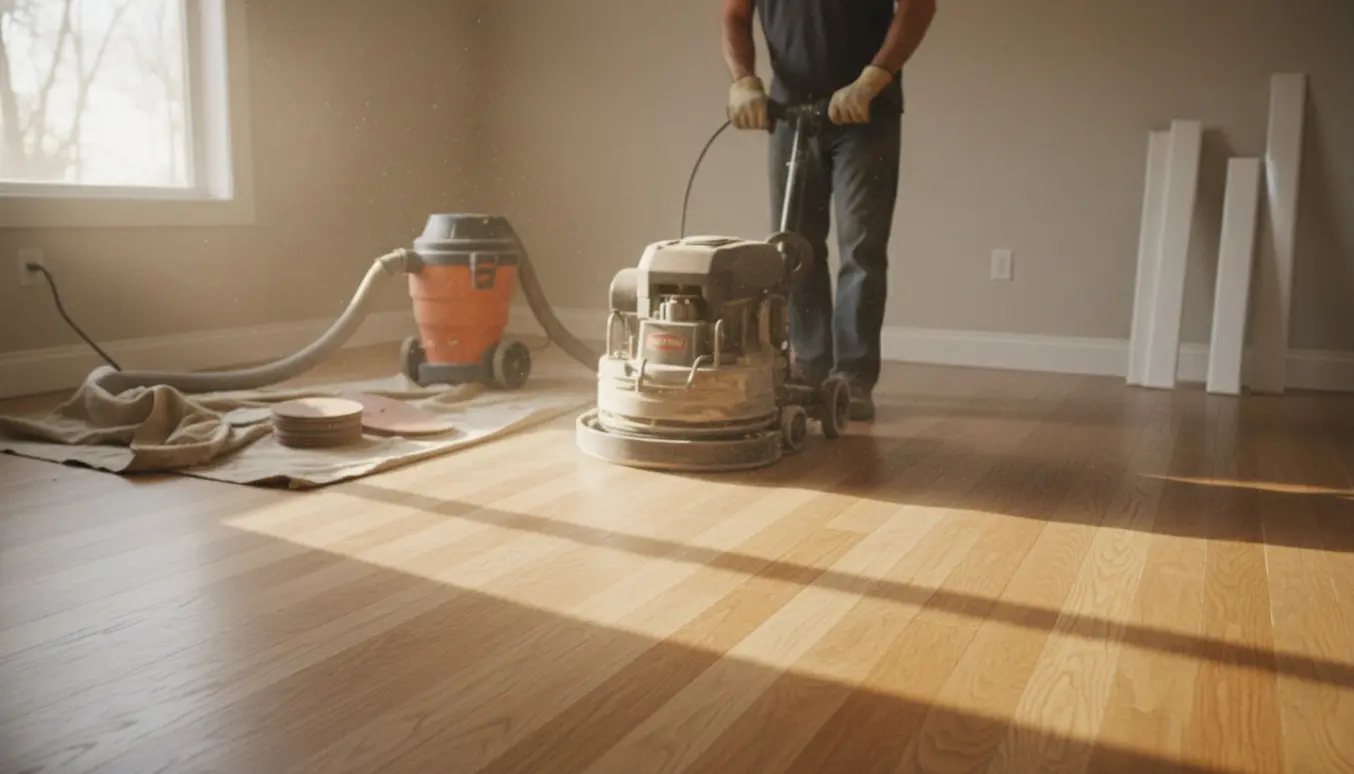 Professionel gulvslibning i et solfyldt værelse med synlig før‑og‑efter forskel på trægulvet.