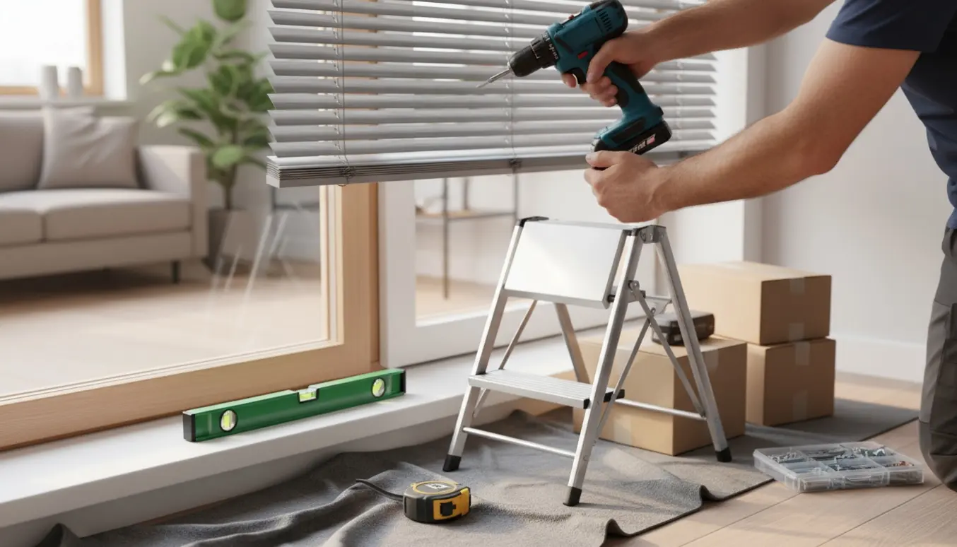 Montør monterer aluminiumspersienner ved et vindue med boremaskine og monteringsværktøj.