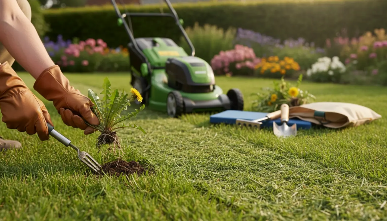 Nærbillede af handsker, der fjerner ukrudt fra en nyklippet græsplæne med en plæneklipper i baggrunden.