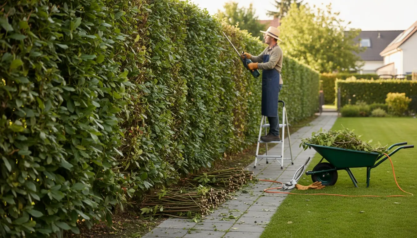 Lang nøddehæk klippet til en jævn top med opsamlede grene i trillebør og på græsset.