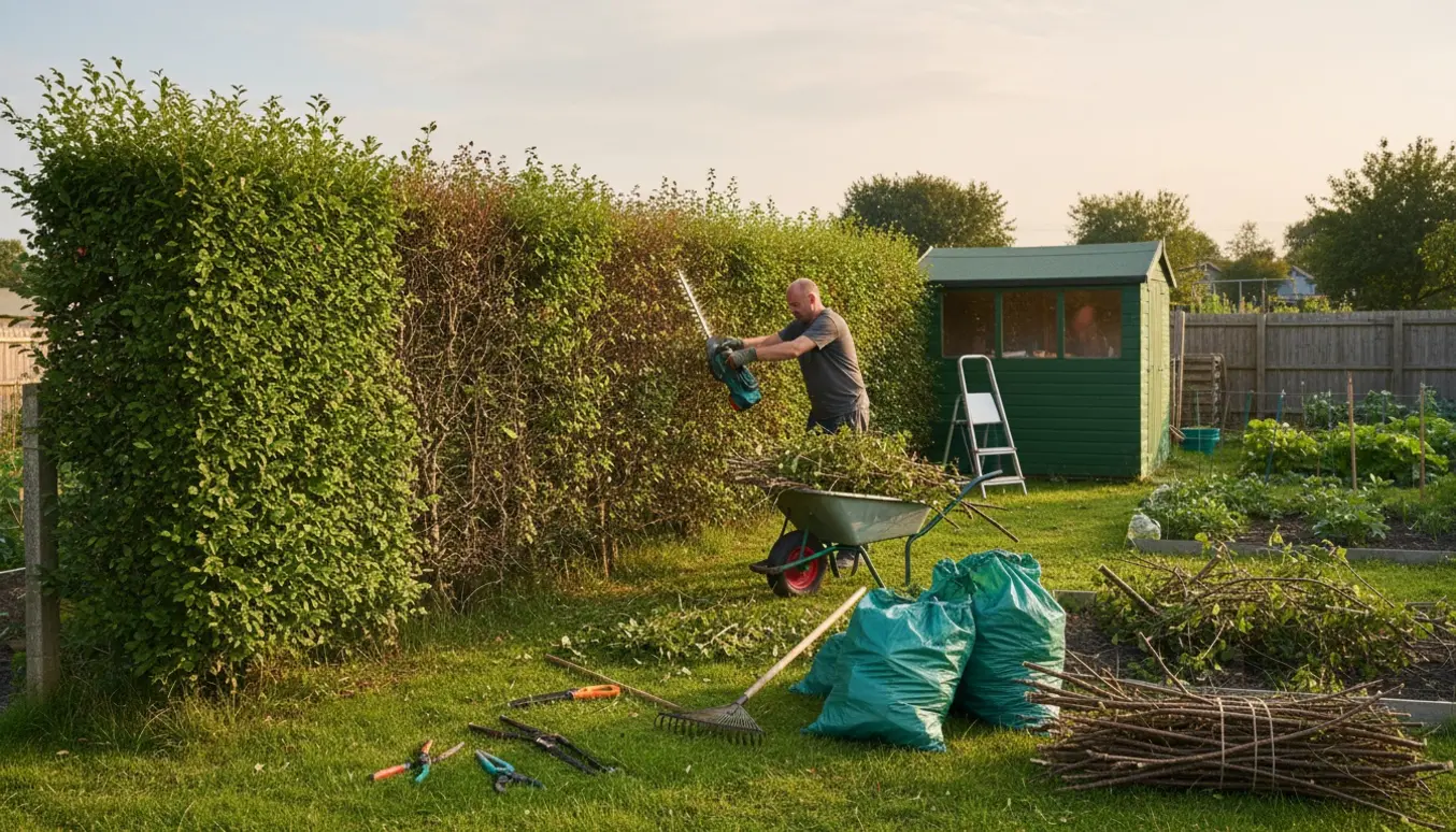 Tjørnehæk i en kolonihave klippes, haveredskaber og trillebør med afklip klar til bortskaffelse.