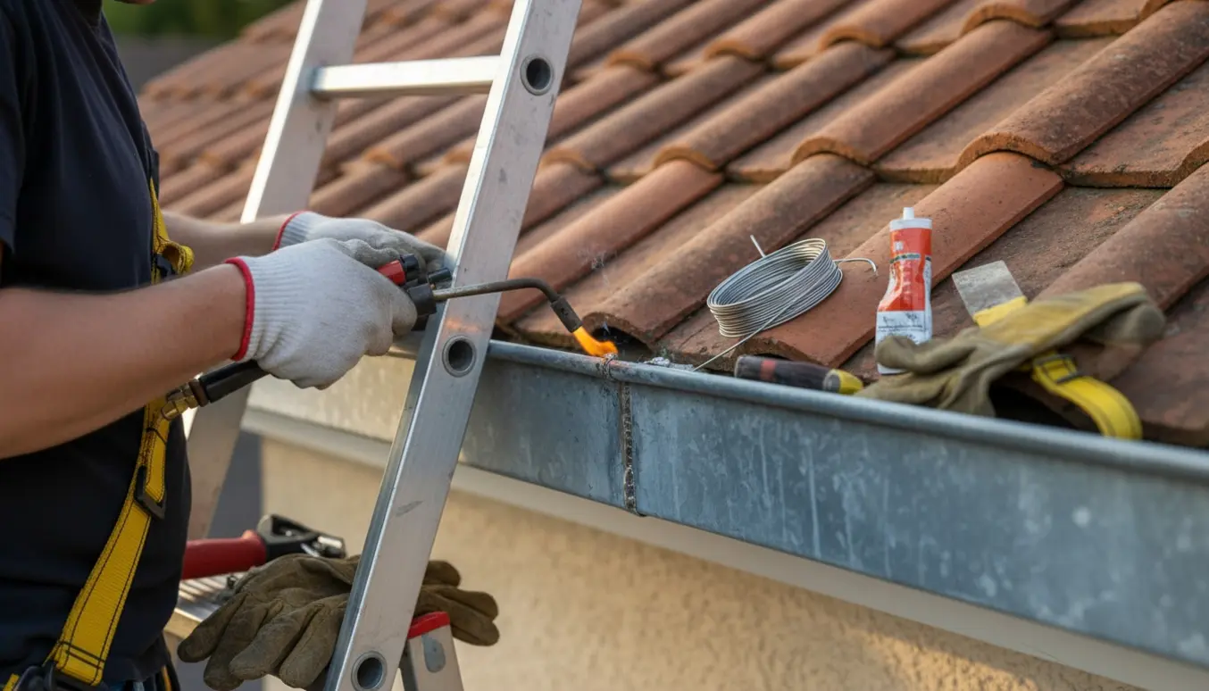 En hånd på en stige reparerer en zinktagrende ved samlingerne med en gasbrænder.