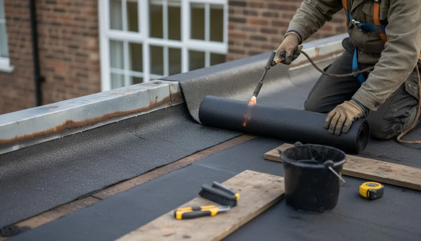 Handværker lægger nyt tagpap på karnaptag ved første sal med værktøj og gasbrænder.