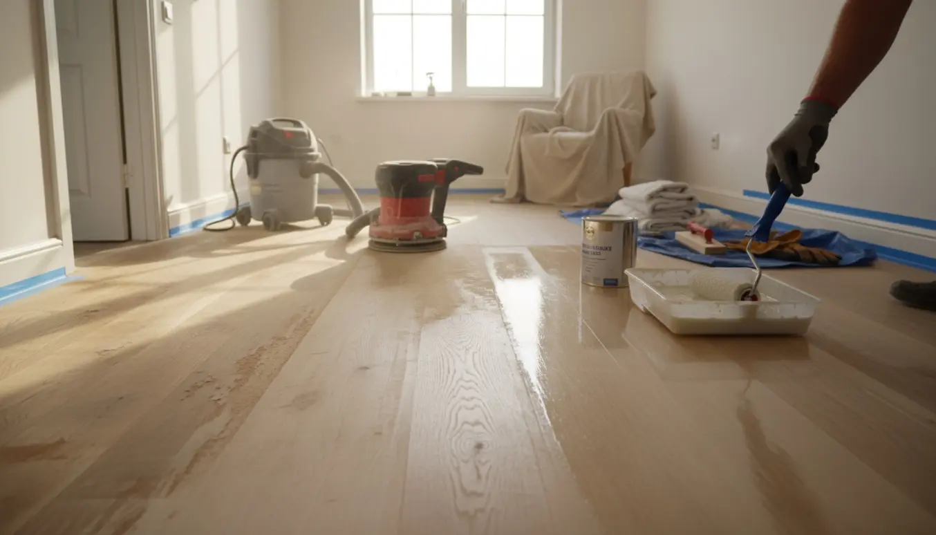 Et lille rum under gulvslibning og lakering med maskiner, slibestøv og et delvist lakeret trægulv.