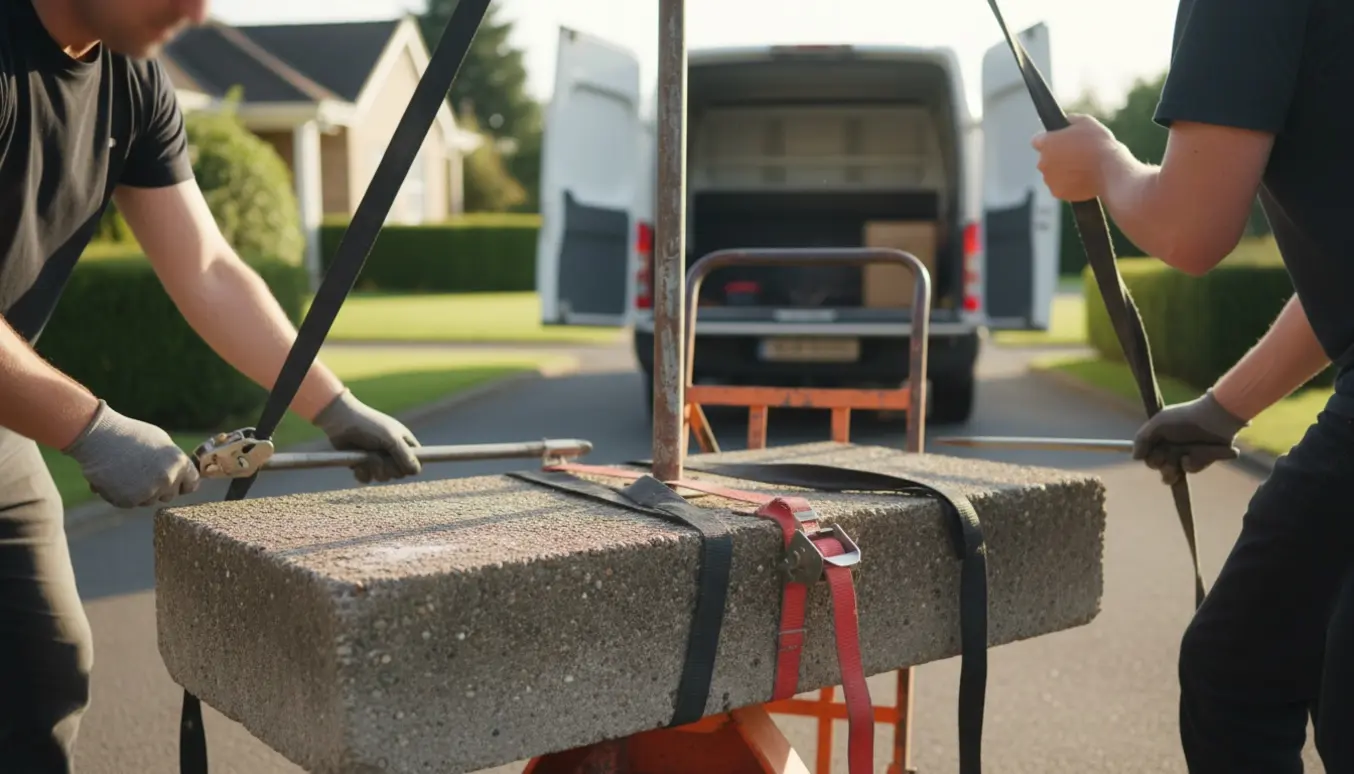 Tunge arbejdshænder læsser en betonklods med metalstander op på en trillebør uden for indkørslen.