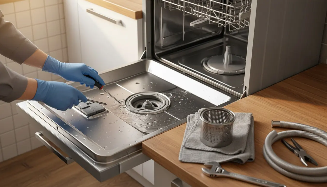 Nærbillede af hænder, der inspicerer en åben opvaskemaskine med vand i bunden og værktøj ved siden af.