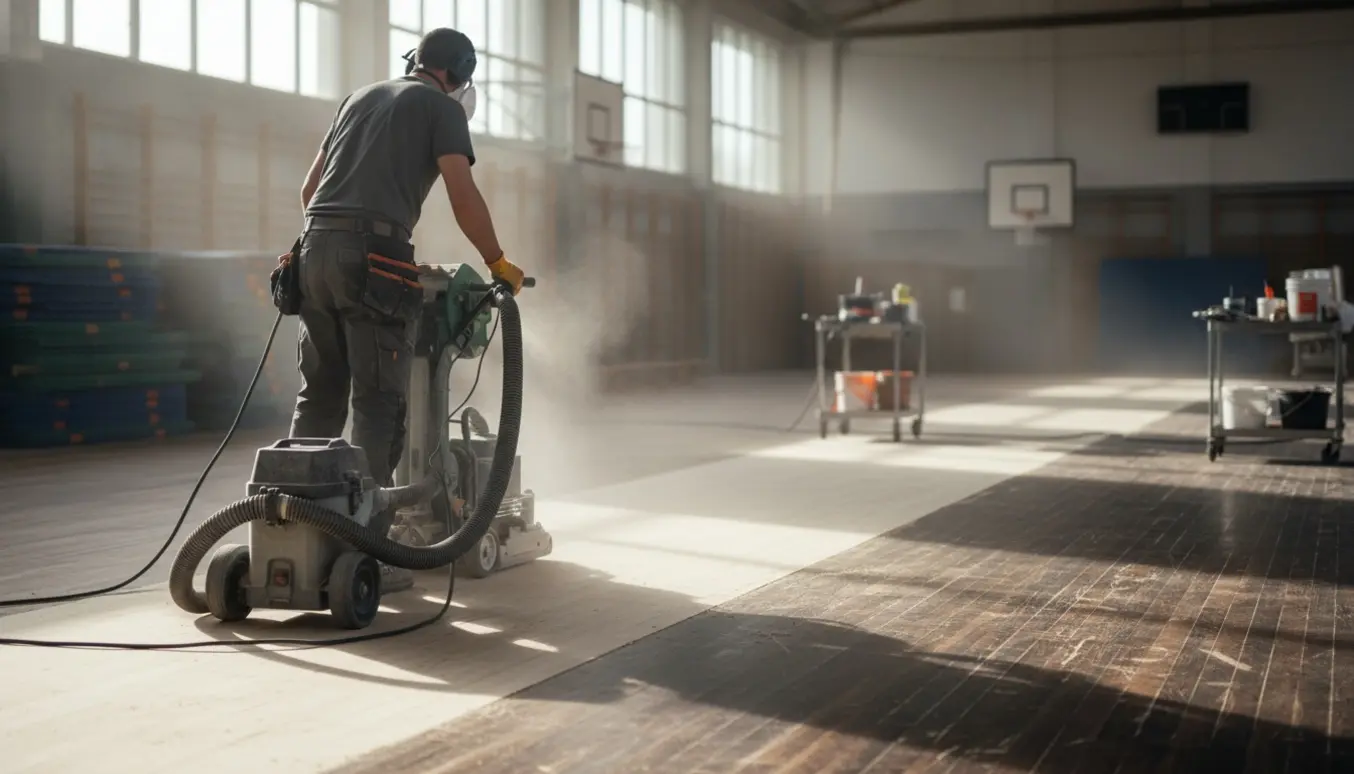 Gulvsliber i en gymnastiksal, der viser forskellen mellem slebet og uslebet trægulv.