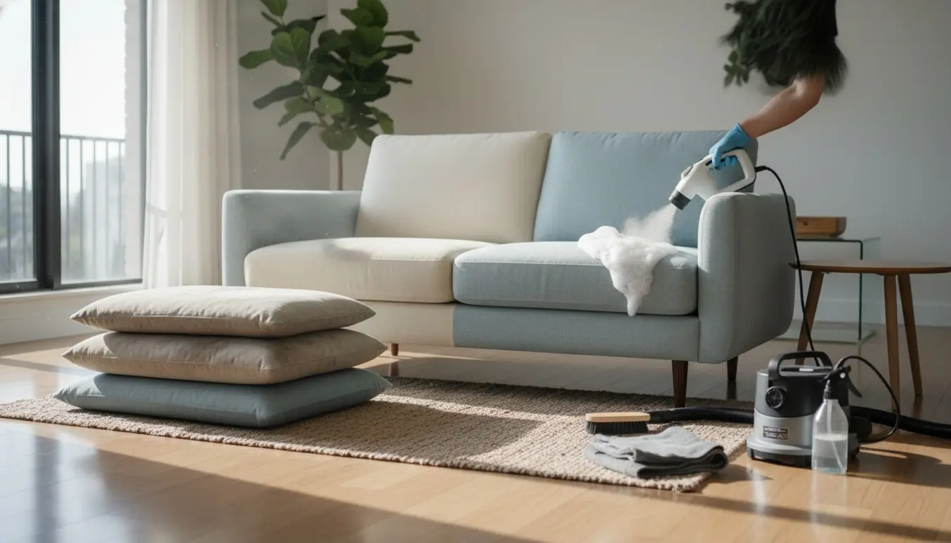 Chaiselong-sofa delvist renset i lyst stue med håndholdt møbelrens og mikrofiberklude.