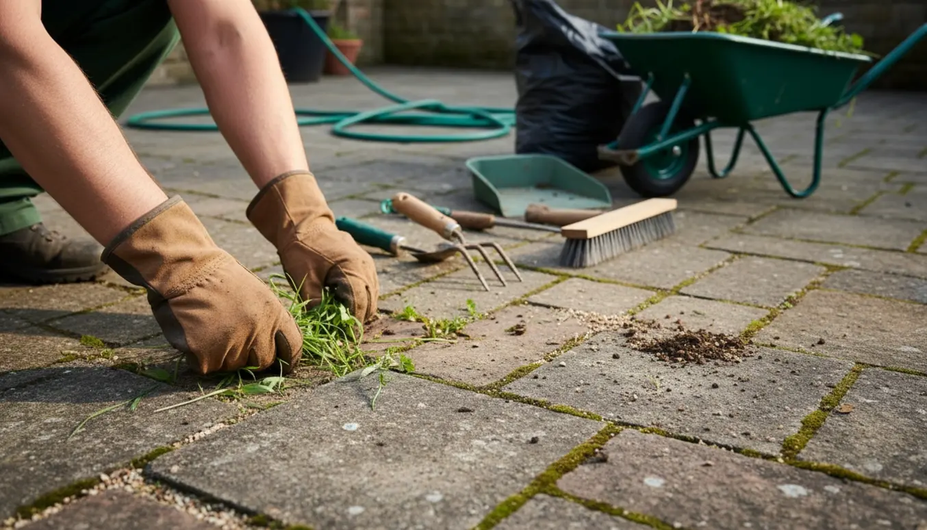 Nærbillede af handsker, der trækker ukrudt op mellem fliser på en terrasse med værktøj og fyldt sæk ved siden af.