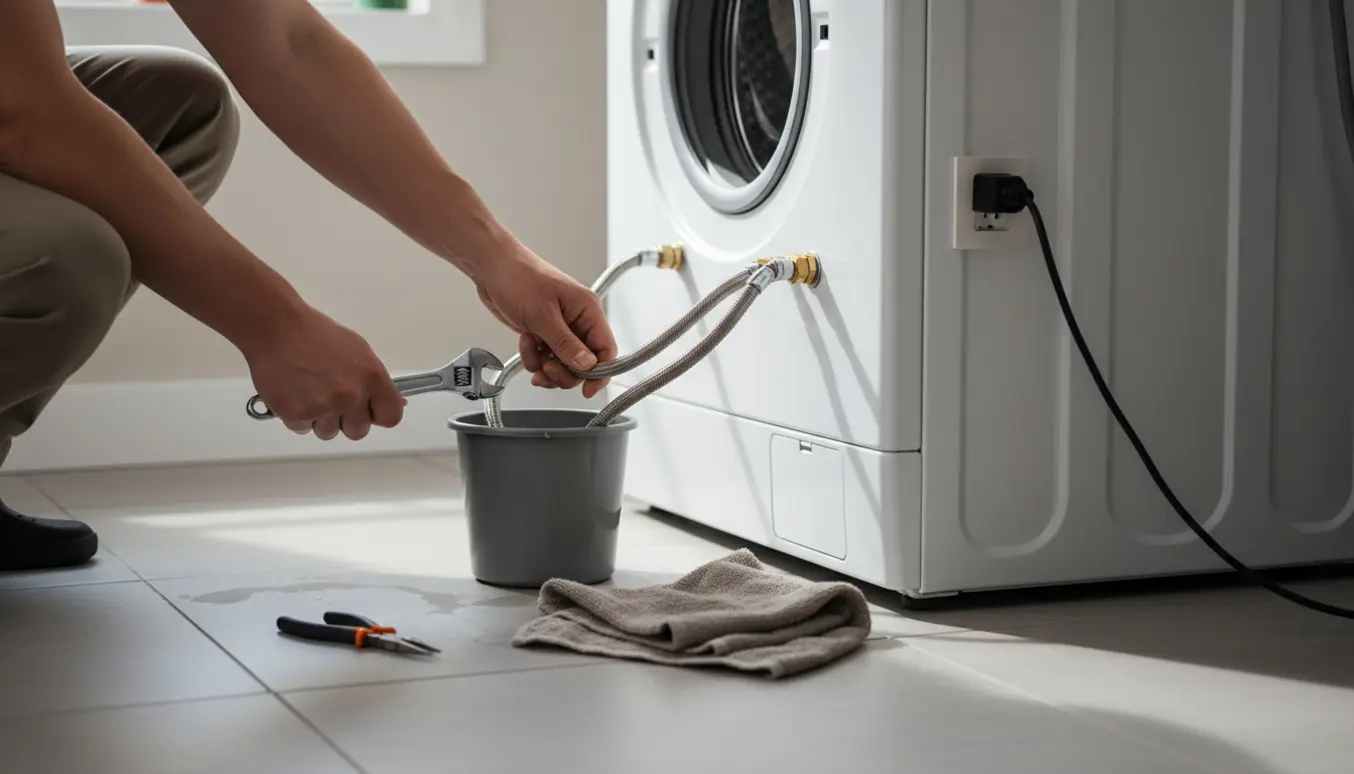 Hænder frakobler en nyere vaskemaskine ved at løsne vandtilslutninger og tage stikket ud, med spand og klud til at opsamle vand.