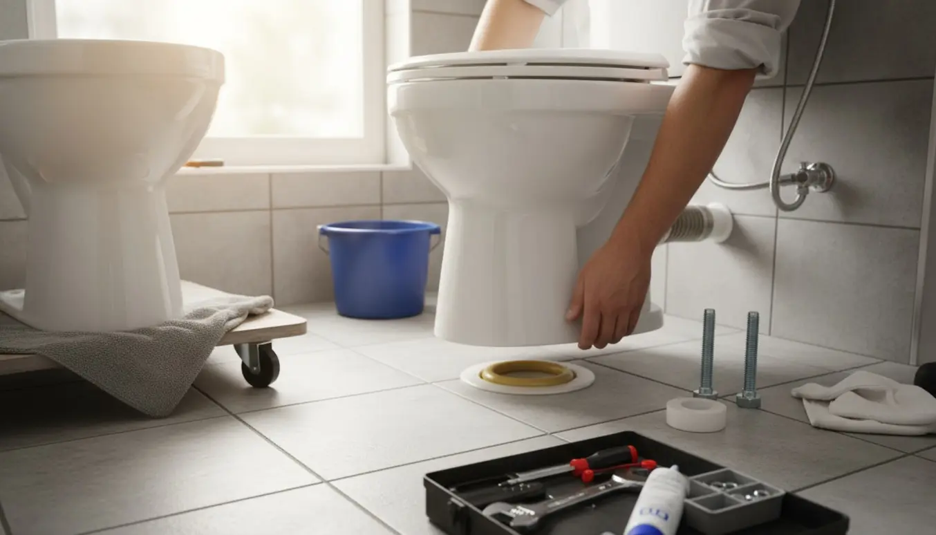 Nyt gulvtoilet sættes på plads i et lyst badeværelse med værktøj og reservedele ved siden af.