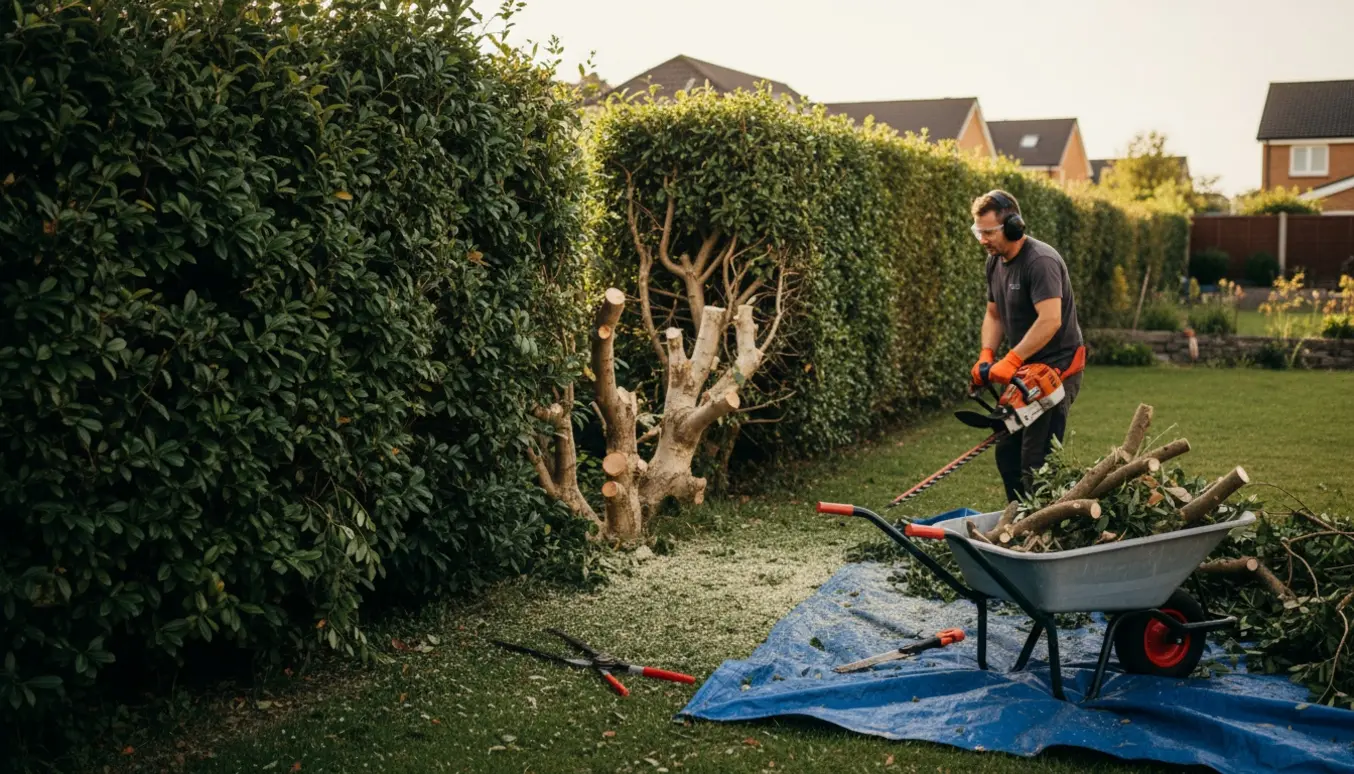 Person i sikkerhedsudstyr trimmer en høj hæk i en villahave med en bunke nyklippede grene ved siden af.
