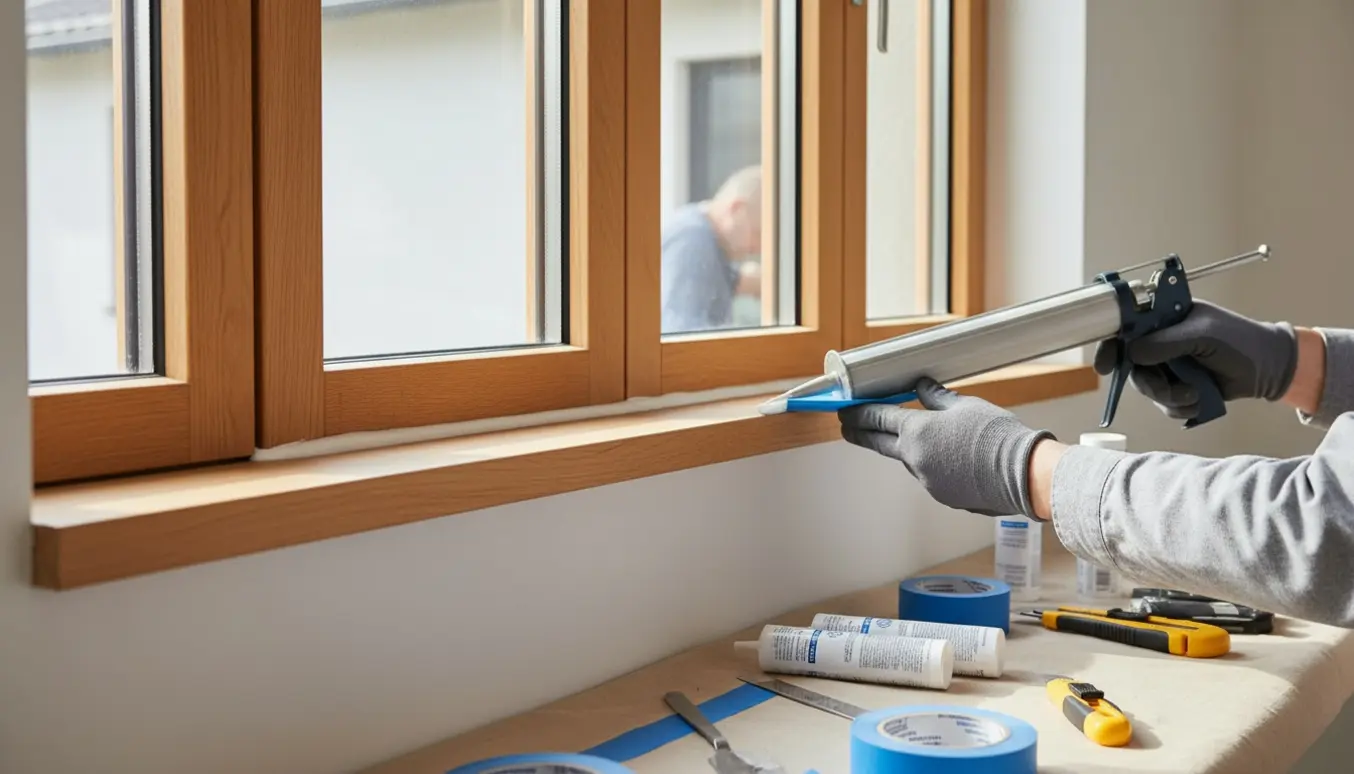 Nærbillede af fugning af tre træ/alu fastkarmsvinduer med hvid indvendig fuge og grå udvendig fuge.