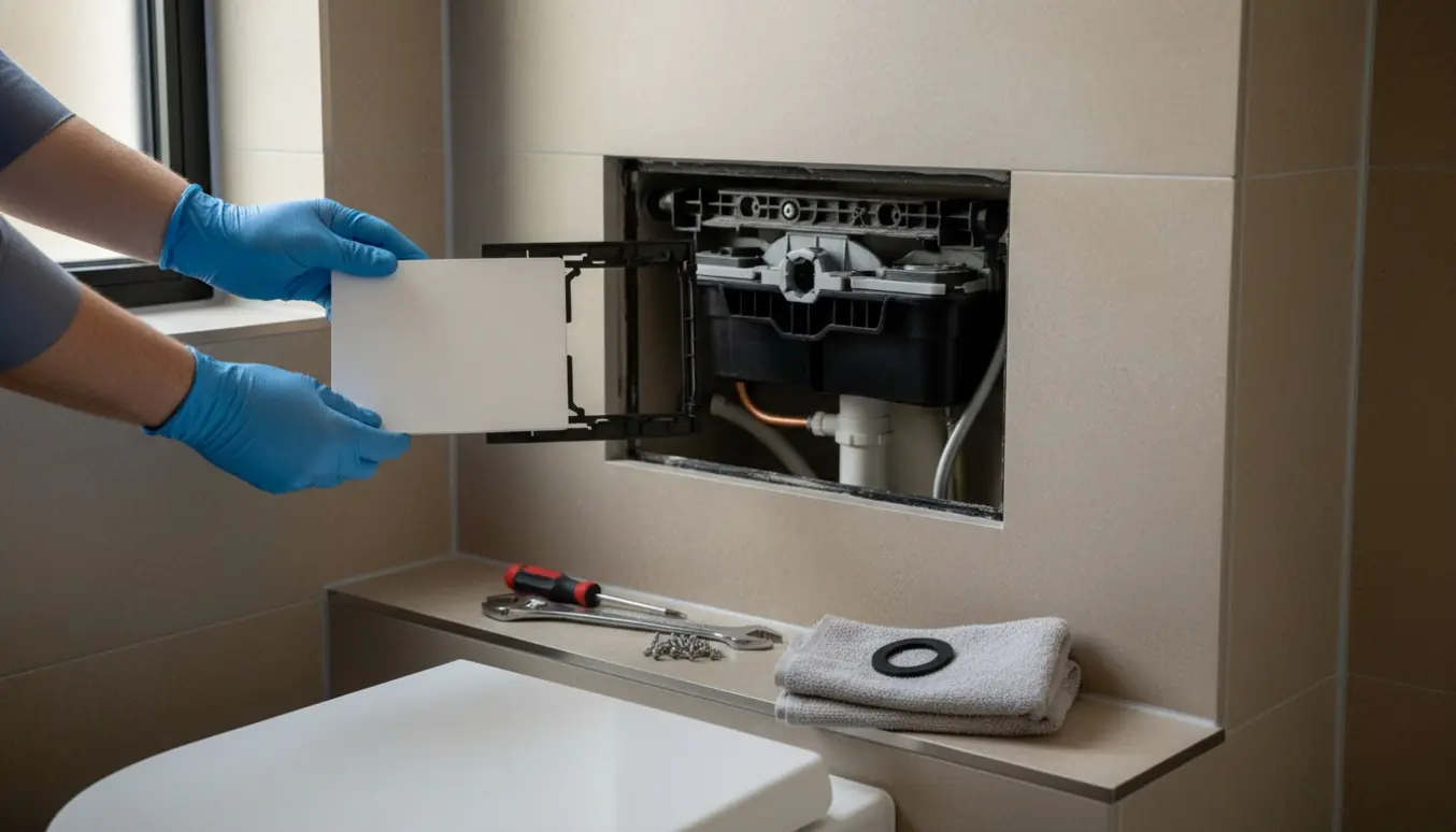 Åben indbygget cisterne med hænder, der monterer en ny skyllebetjeningsplade ved toilettet.