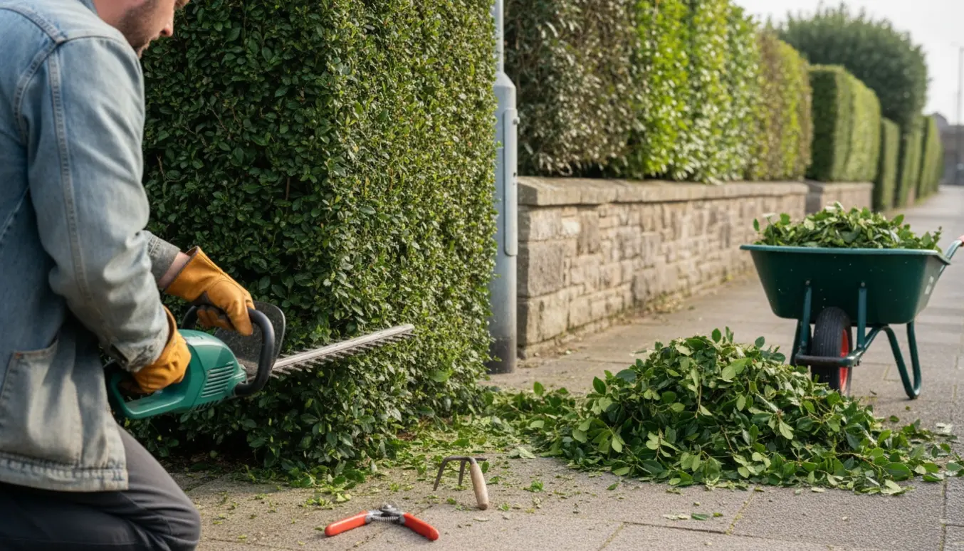 Handskerede hænder trimmer en hæk langs fortov og stenmurskant med afklippede grene og fjernet ukrudt.