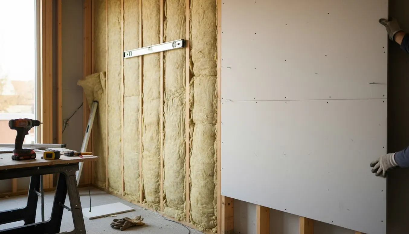 Indendørs byggearbejde med træramme, 45 mm isolering og gipsplader ved en lang væg.