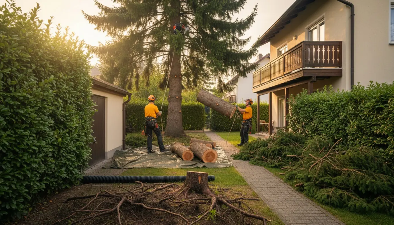 Arborister fælder et grantræ i en lille have tæt på hus, garage og en smal flisegang.