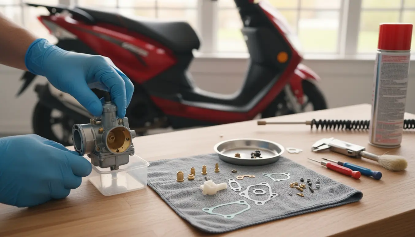 Nærbillede af hænder, der adskiller og renser en scooter-karburator på et værksted med værktøj og reservedele.