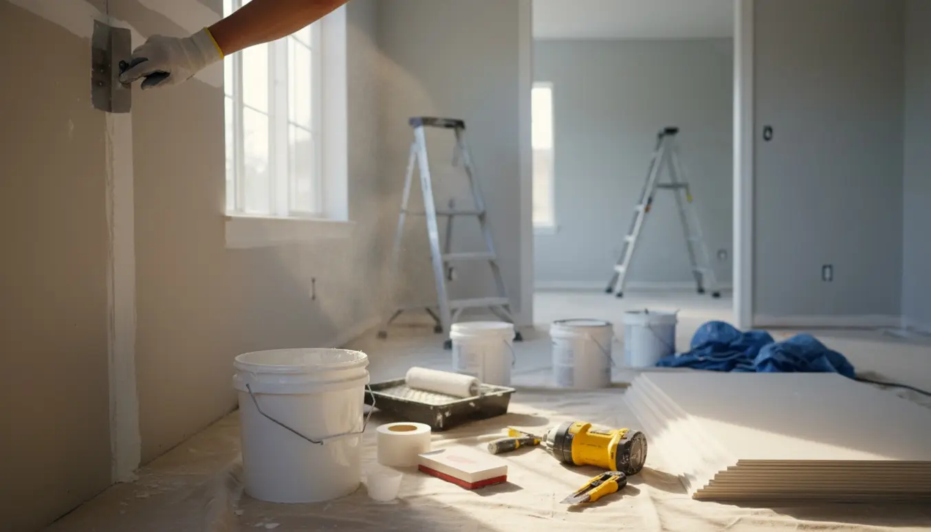 Gipsplader, spartelværktøj og malerudstyr i et lyst rum under renovering.