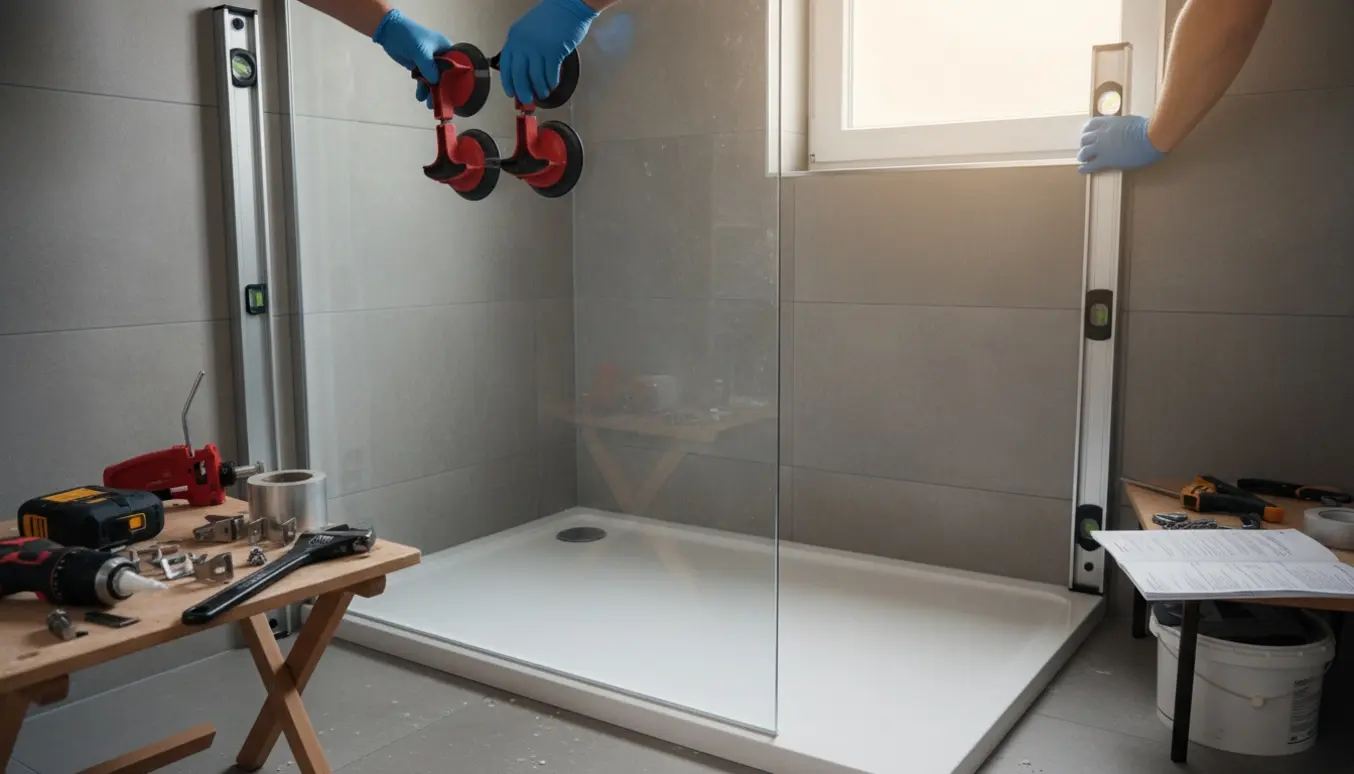 Arbejdshænder monterer en glasbrusekabine på en brusebakke i et moderne flisebadeværelse.