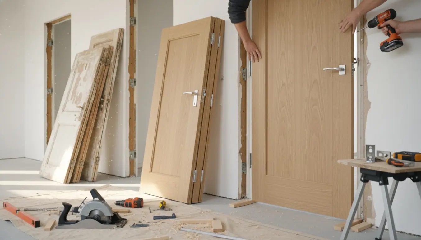 Montering af indvendig egedør med værktøj og afmonterede døre i baggrunden.