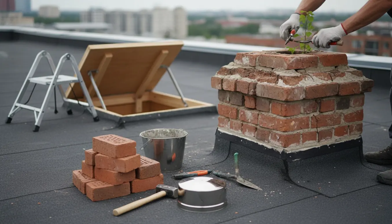 Murer fjerner et træ fra en revnet skorsten på et fladt tag med værktøj og nyt låg klar.