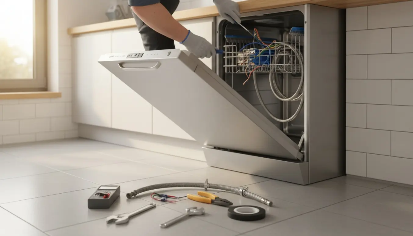 Tekniker tilslutter ledninger og vandslange til en delvist udtrukket indbygget opvaskemaskine.