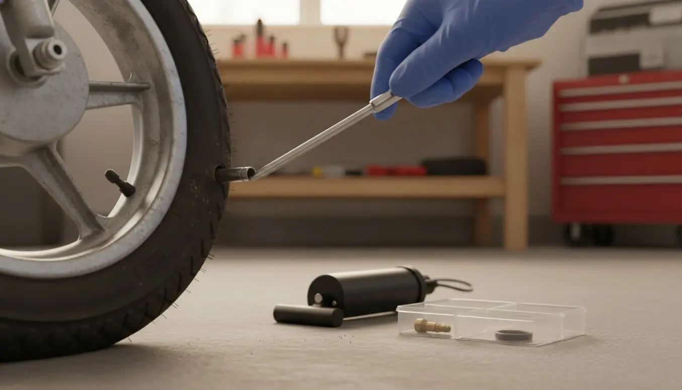 Nærbillede af en knallerts forhjul med fladt dæk og en hånd, der bruger et ventilværktøj i en garage.