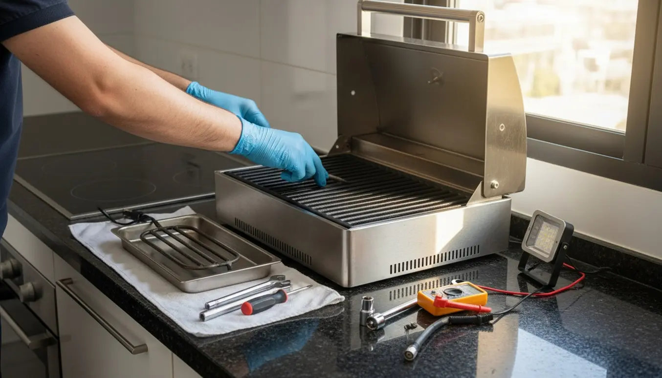 Hænder i handsker reparerer en indbygget indendørs grill i en moderne køkkenbordplade.