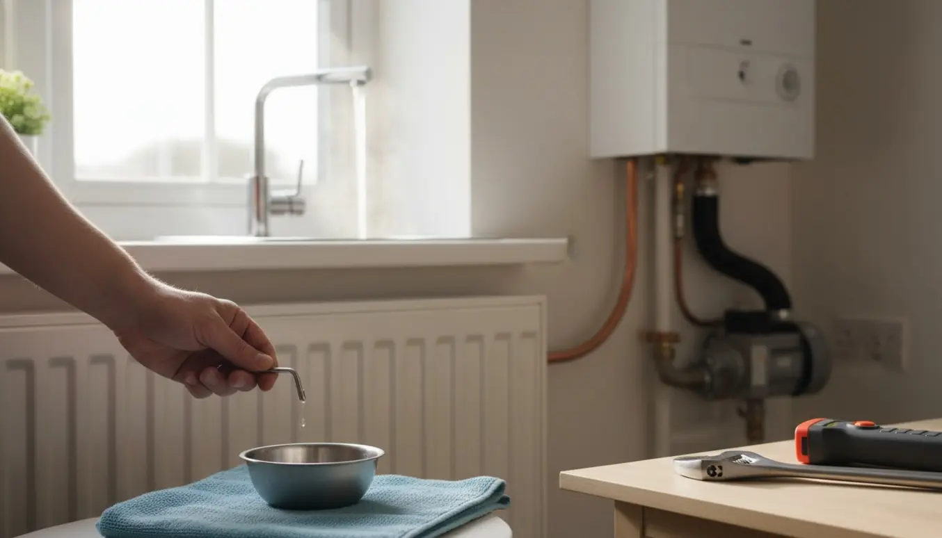 Hænder bruger en radiatornøgle til at lufte en radiator, mens varmt vand løber fra køkkenhanen i baggrunden.