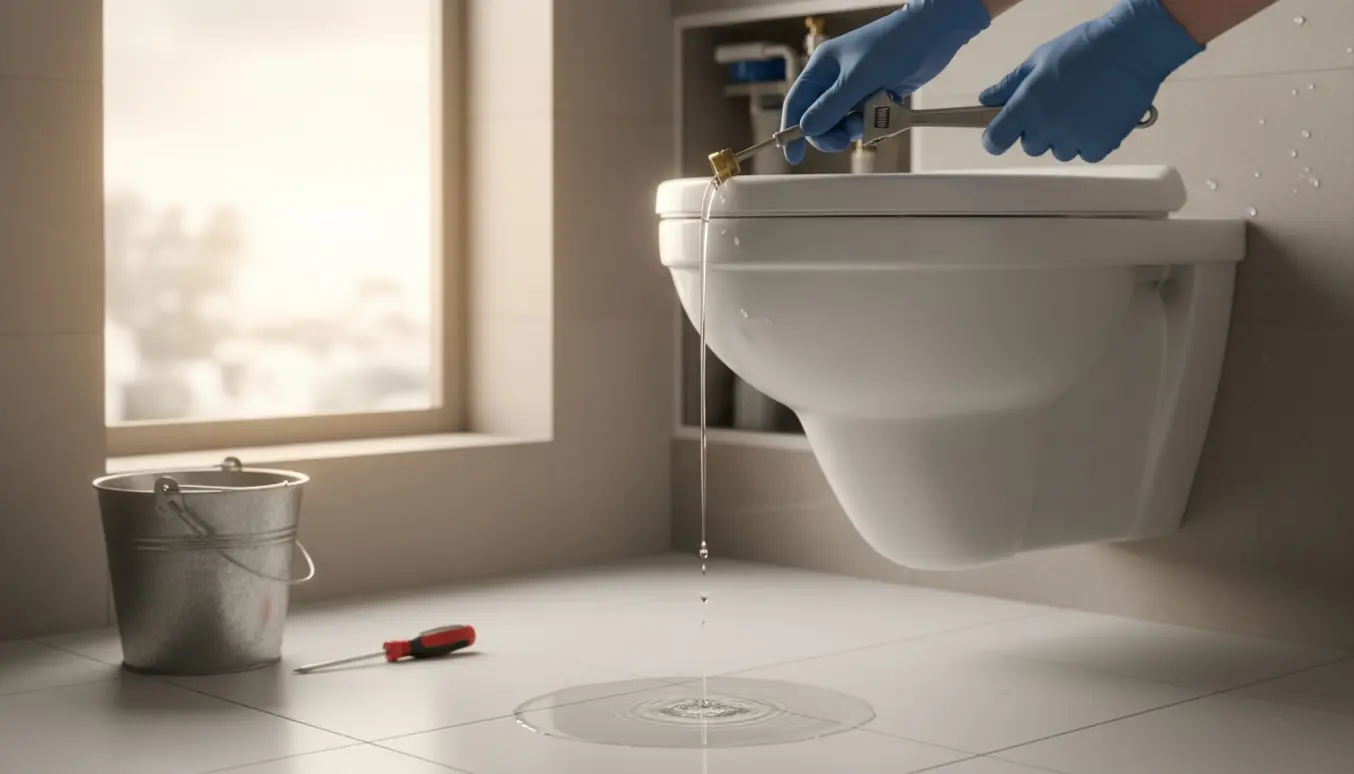 Væghængt toilet med afmonteret betjeningspanel og løbende vand, værktøj klar til reparation.