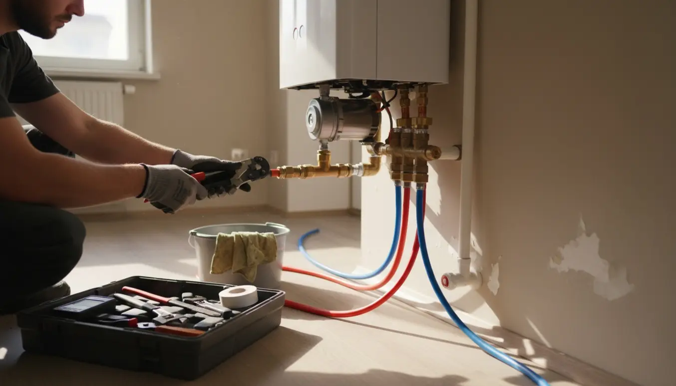 Håndværker udskifter en væghængt varmtvandsbeholder og reparerer gulvvarmerør i et tomt hus.