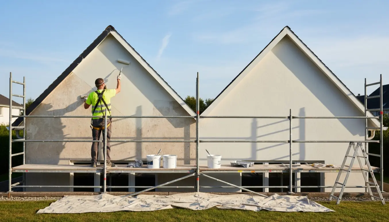 Stillads foran to husgavle, en håndværker påfører silikatmaling på den ene halvmalede gavl.