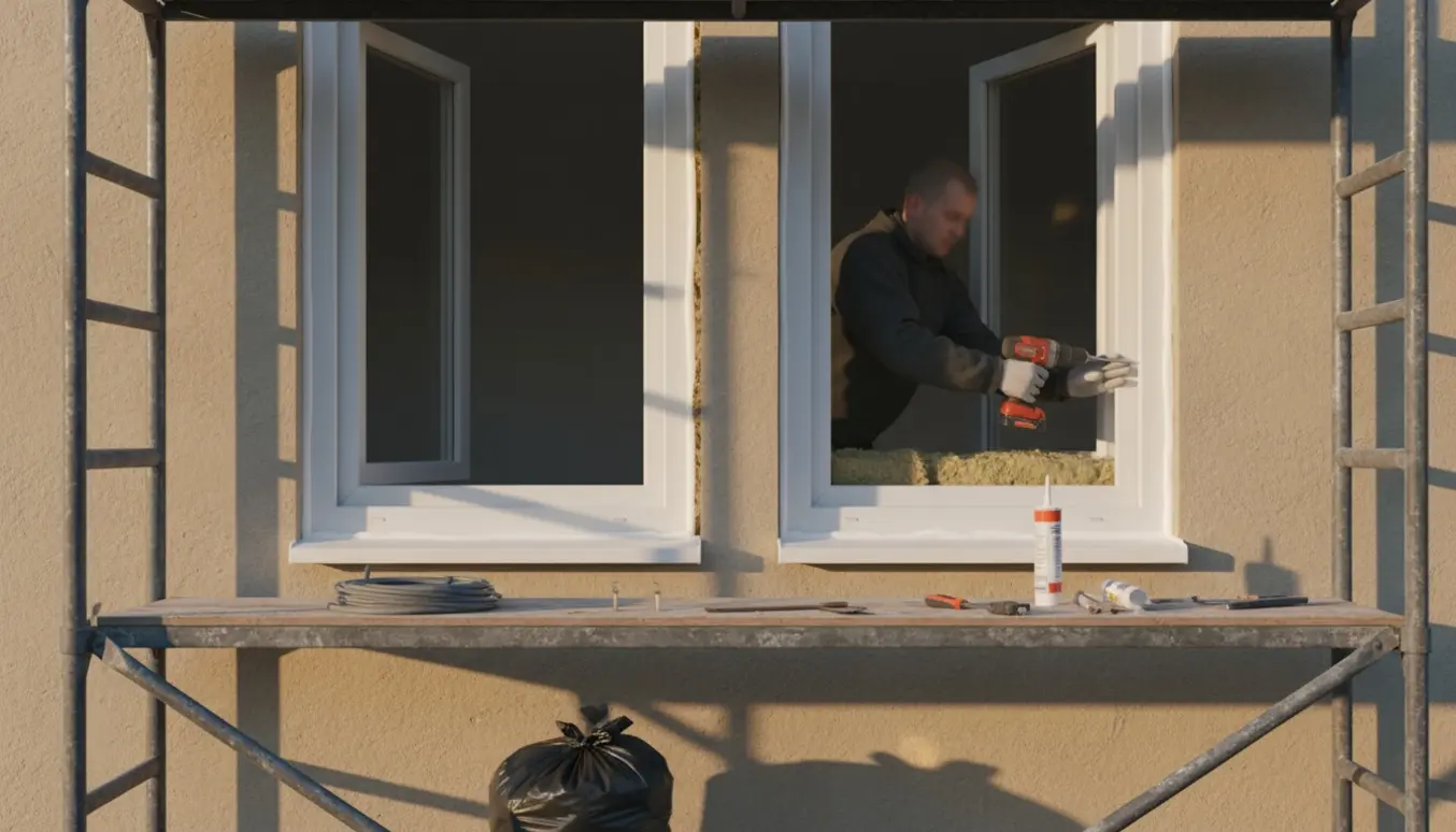 To håndværkere monterer nye hvide plastvinduer på første sal fra et stillads med fugemasse, bagstop og rockwool synlige.