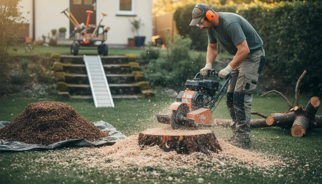 Kompakt stubfræser fjerner en stor granstub i en have, med arbejdshænder og træspåner omkring.