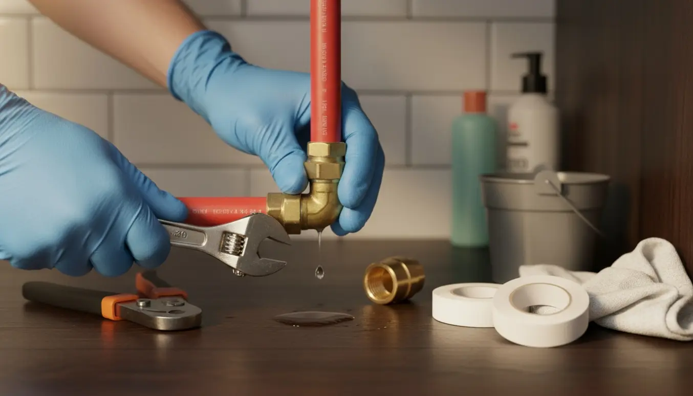 Nærbillede af en utæt samling mellem kobber- og PEX-rør under en vask med værktøj ved siden af.