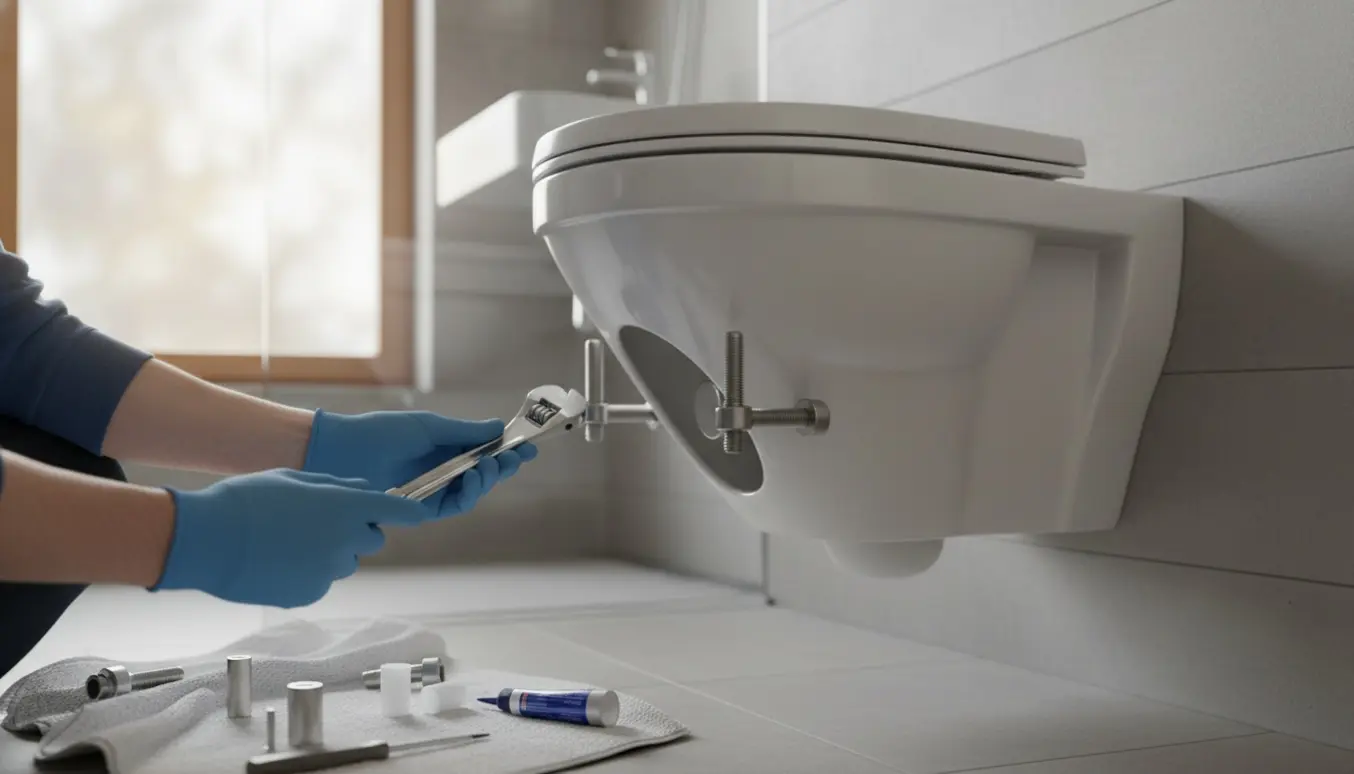 Nærbillede af hænder, der strammer monteringsbolte på et løst væghængt toilet med åben installationsramme.