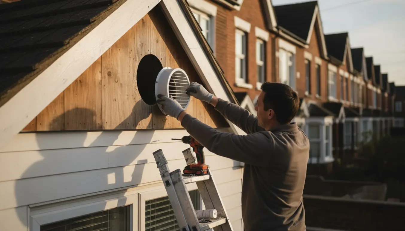 Person på stige monterer ventilationsrist i gavl på et rækkehus i blødt eftermiddagslys.