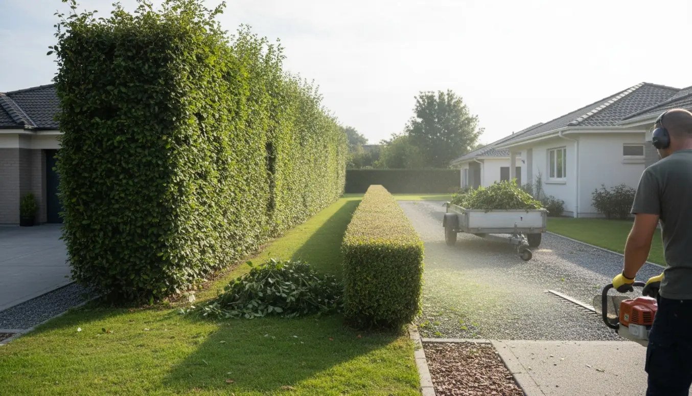 Professionel klipper hæk ned til cirka 50 cm med afklip samlet i en trailer ved en græsplæne.