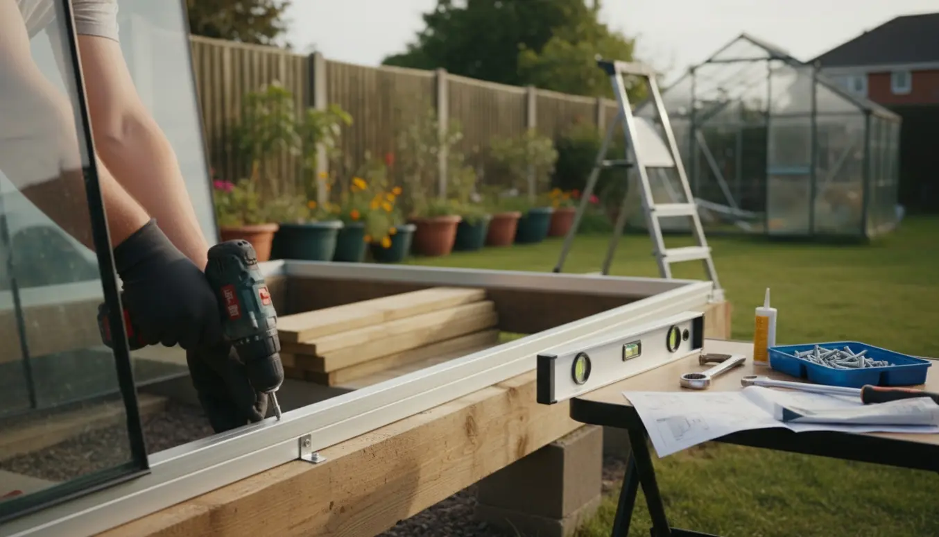 Opsætning af drivhus på et eksisterende træfundament med værktøj og delvist monteret ramme.