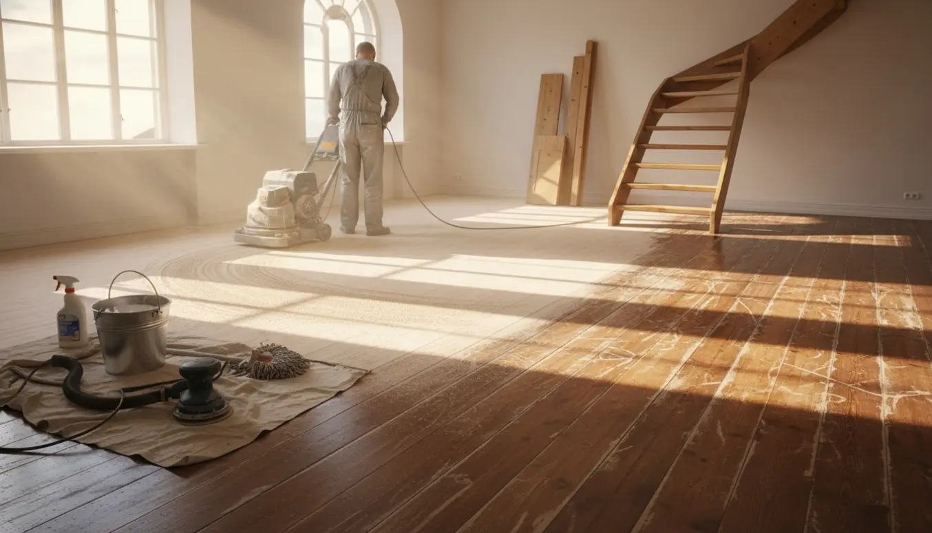 Lakeret fyrretrægulv under slibning med slibemaskine, hvid lud og sæbe klar til efterbehandling.