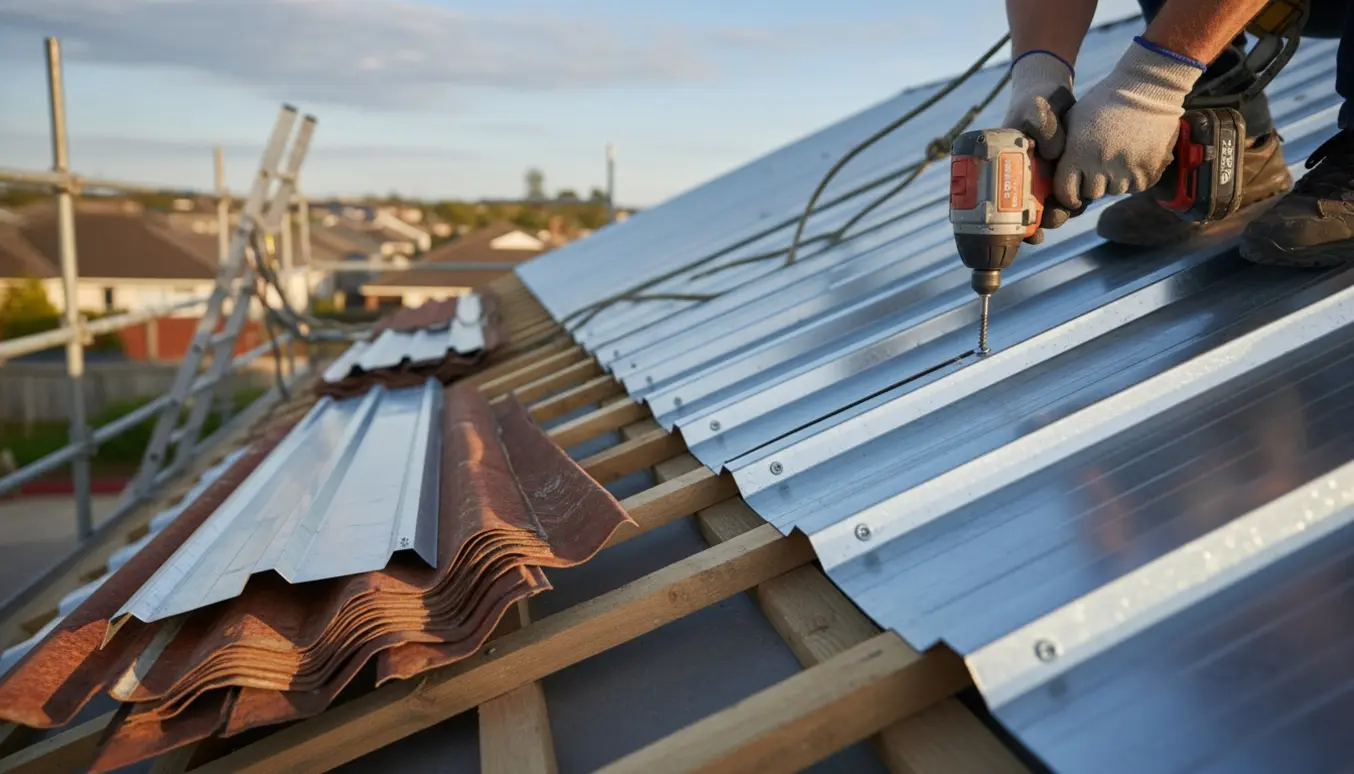 Hænder med skruemaskine monterer ny trapezstålplade på tag med stak af plader og stillads i baggrunden.