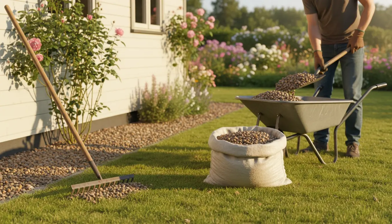 Ærtesten fordeles langs bagsiden af et sommerhus med skovl, trillebør og rive.